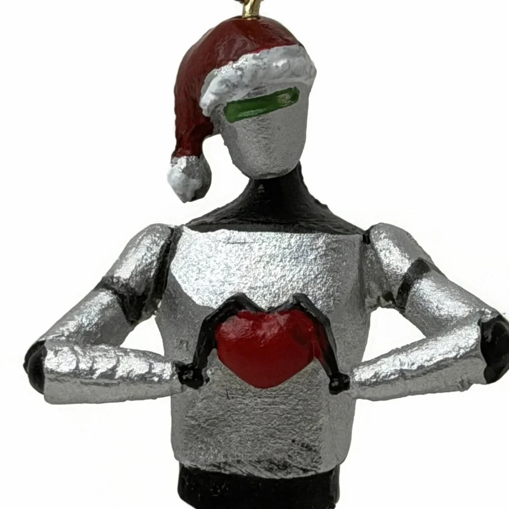 Bella Haus Silver Robot Red Heart Santa Hat Ornament